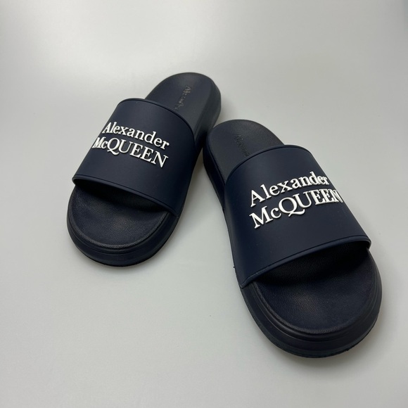 Alexander McQueen Logo Wedge Pool Slides Navy Blue Men’s EU 41/US 8 $280